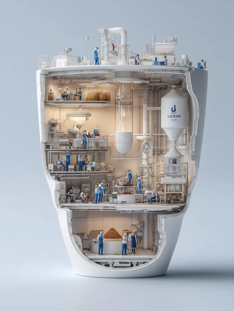 A cutaway illustration reveals the inner workings of a Likkun grain processing facility.  Miniature workers are shown at various stages of production, from initial grain intake to final processing.  The facility is depicted as a large, white, vessel-shaped structure, showcasing the complex machinery and multiple levels of operation within.  The brand logo is prominently displayed on a large silo.