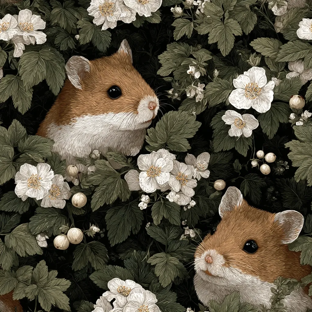 Two golden hamsters peek from a lush, flowering bush.  Delicate white blossoms and dark green leaves surround the furry creatures, creating a charming, nature-inspired scene. The image is rendered in a painterly style, emphasizing texture and detail in both the hamsters and the foliage.  The overall mood is peaceful and serene.