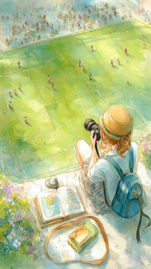A young woman sits atop a hill, overlooking a vibrant green soccer field filled with tiny players.  She holds a camera, capturing the scene.  Sunlight bathes the area.  Beside her are an open book, a collection of smaller books, and a backpack. Lush greenery surrounds her, enhancing the idyllic, peaceful atmosphere. The watercolor style adds to the charming and serene mood of the illustration.