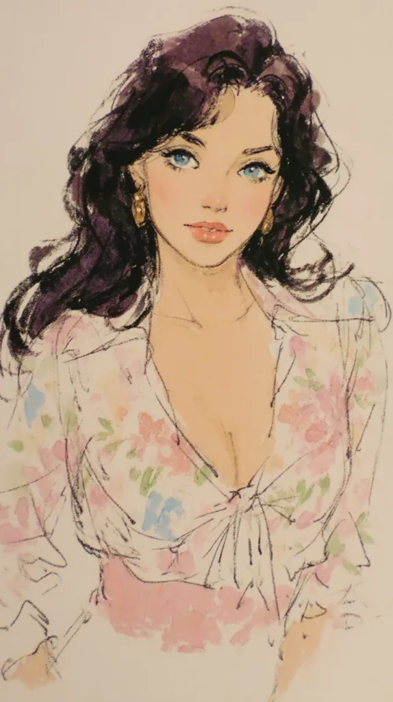 A stylized portrait of a woman with long dark hair and blue eyes. She's wearing a pale pink floral blouse tied at the waist, revealing a hint of cleavage. The artistic style is loose and impressionistic, with visible brushstrokes creating a soft, dreamy effect.  The overall tone is romantic and subtly suggestive.