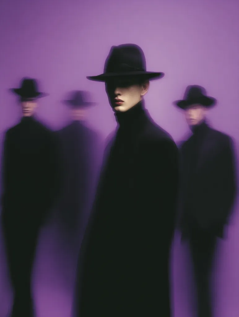 A sharply focused man in a black fedora and turtleneck stands in the foreground against a purple backdrop.  Two blurred figures, also wearing fedoras, are visible in the background, suggesting a sense of mystery or anonymity. The image's color palette and stylistic blur create a moody and atmospheric scene.