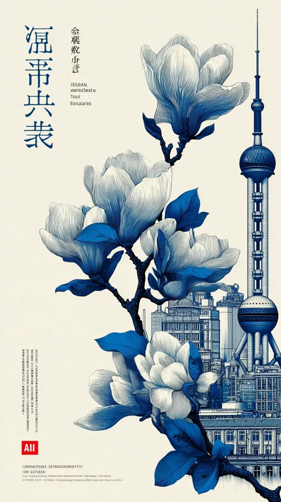 A stylized illustration depicts a blossoming magnolia branch in shades of blue and white, superimposed over a detailed ink drawing of the Shanghai skyline, including the iconic Oriental Pearl Tower.  The image is elegant and evokes a sense of both natural beauty and urban modernity, with Chinese text integrated into the design.  The overall aesthetic is reminiscent of blue-and-white porcelain.