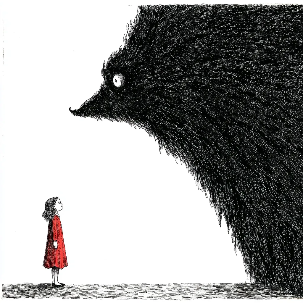 A small girl in a red dress stands facing a large, shadowy, hairy creature.  The girl appears small and vulnerable in contrast to the imposing size and darkness of the beast. The creature's single visible eye is large and unsettling. The style is reminiscent of children's book illustration, suggesting a scene from a story about facing one's fears or confronting a menacing presence.  The overall tone is one of apprehension and suspense.