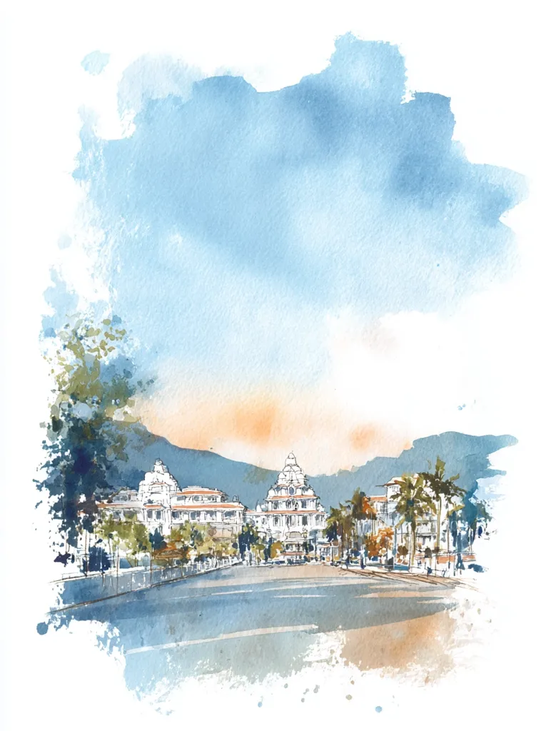 A watercolor painting depicts a serene cityscape.  Two prominent, ornate buildings stand centrally, flanked by smaller structures and palm trees.  A wide, empty road stretches towards them, leading the eye into the scene.  Mountains form a backdrop under a soft, light blue sky, rendered with loose, expressive brushstrokes, creating a tranquil atmosphere.  The overall style is impressionistic and suggestive rather than strictly realistic.