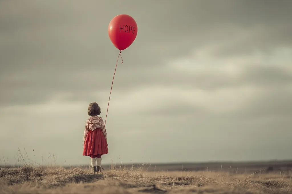 A young girl in a red dress stands in a barren field, her back to the camera.  She holds the string of a large red balloon that floats above her. The word "HOPE" is written on the balloon.  The sky is overcast, creating a somewhat somber mood. The image evokes a sense of loneliness and longing.