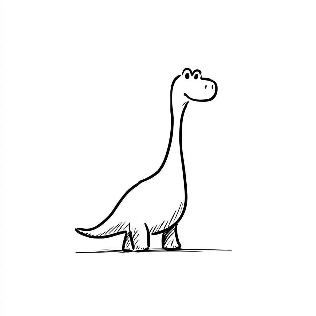 A simple line drawing of a cartoon brachiosaurus.  The dinosaur is depicted in a childlike style, with a long neck, small body, and a friendly expression.  The lines are sketchy and uneven, contributing to its charming, hand-drawn look.  The dinosaur stands on a subtly drawn ground line, isolated against a white background.