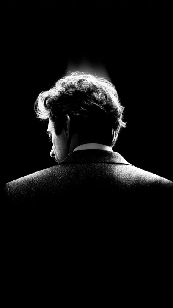A black and white, dramatic close-up portrays a man from behind, his head slightly bowed.  His hair is styled with a wave, and he wears a suit jacket.  The image is starkly contrasted, with the man’s figure illuminated against a completely dark background, creating a mood of mystery and contemplation. The focus is solely on his posture and form.