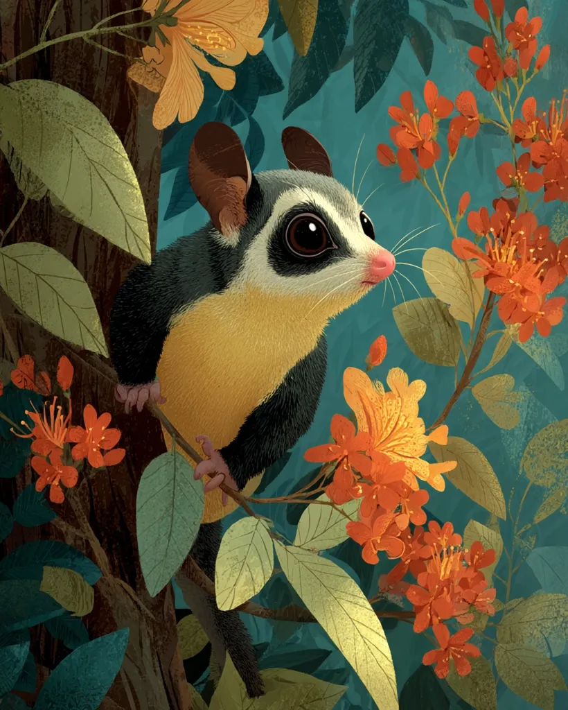 A vibrant illustration depicts a yellow-bellied glider perched on a tree branch amidst a profusion of orange and yellow flowers. The glider's large, expressive eyes and soft fur are highlighted against the rich teal background.  The detailed leaves and blossoms create a lush, tropical setting, emphasizing the animal's natural habitat. The artistic style is a blend of realism and stylized elements, resulting in a captivating image.