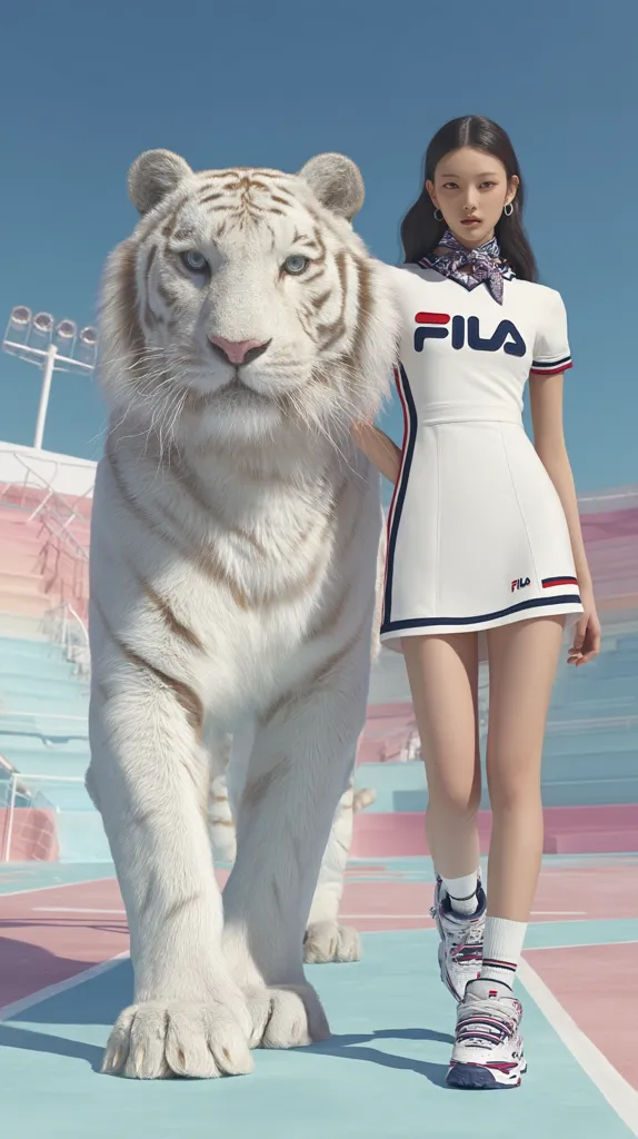 A young woman in a white Fila tennis dress and Fila sneakers walks alongside a large white tiger on a pastel-colored tennis court.  The scene is brightly lit and features a playful contrast between the athletic attire and the majestic animal. The overall aesthetic is stylish and slightly surreal.