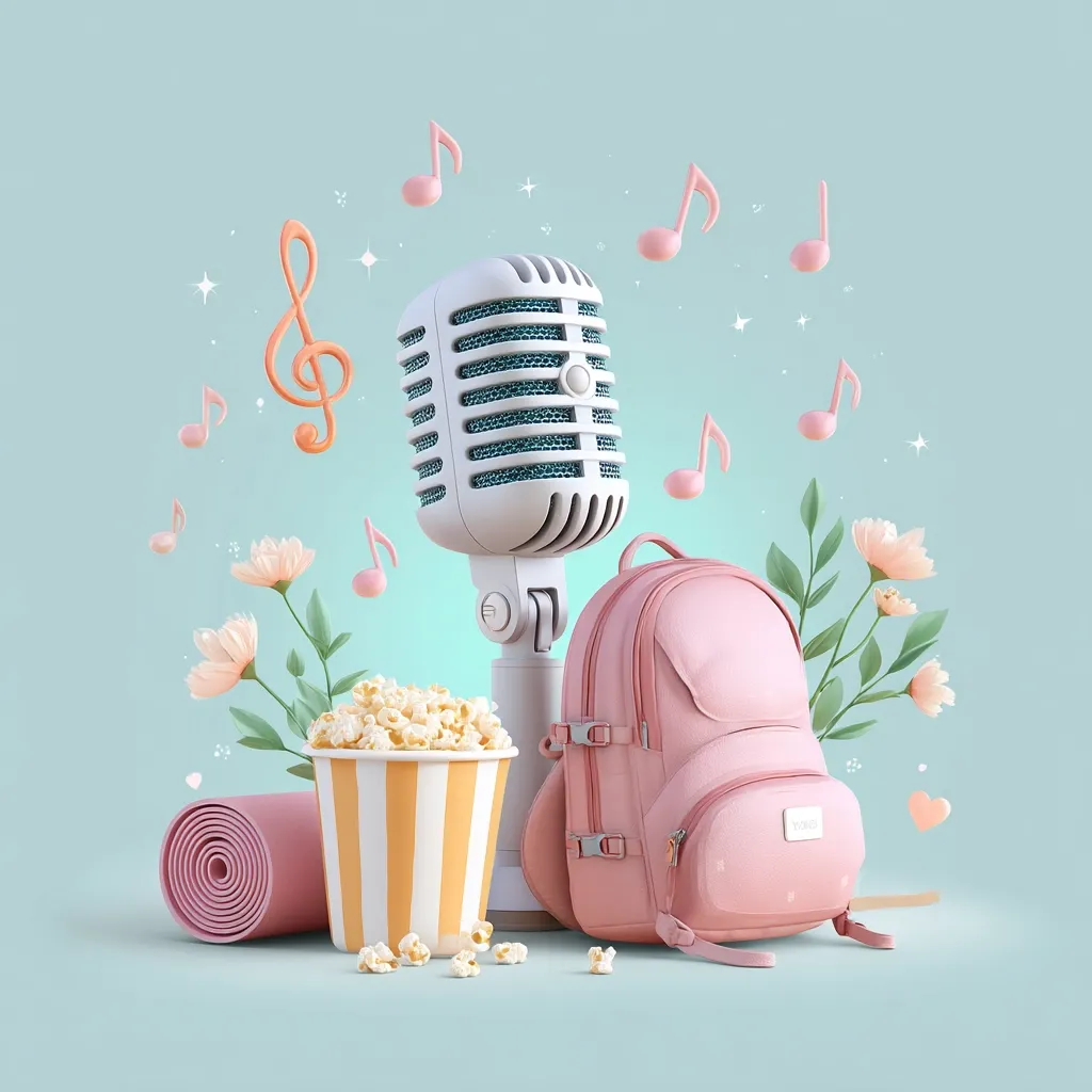 A pastel-colored 3D rendering showcases a retro microphone surrounded by musical notes and delicate flowers.  A pink backpack sits beside a striped popcorn bucket, with a rolled-up yoga mat adding to the scene's relaxed atmosphere. The overall aesthetic is light, airy, and suggests leisure activities or a fun, musical experience.