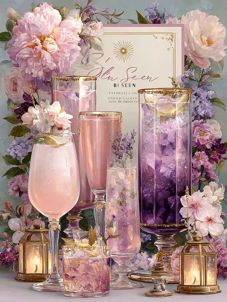 An exquisite still life featuring an array of elegant glassware filled with pastel pink and purple drinks.  The glasses are adorned with gold rims and stand amidst a lush arrangement of pink and purple peonies, roses, and other blossoms.  Two ornate lanterns flank the arrangement, adding to the luxurious and romantic atmosphere.  The title "Bi Seen" is displayed on a delicate card. The overall aesthetic is dreamy and sophisticated.