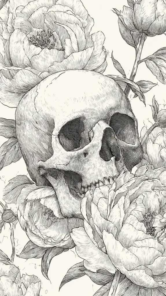 A detailed pen-and-ink drawing depicts a human skull nestled amongst lush, meticulously rendered peonies. The skull's intricate texture contrasts with the soft petals of the flowers, creating a striking juxtaposition of life and death.  The monochromatic palette enhances the artwork's delicate lines and shading, emphasizing the contrast between the organic forms of the flowers and the skeletal structure.