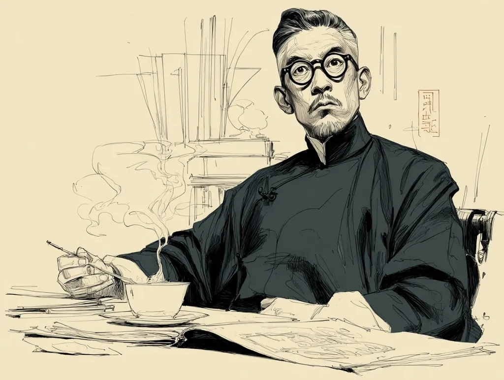 A stylized ink drawing depicts a man in a dark, collared shirt, possibly a changshan. He wears glasses and has short, combed-back hair.  He sits at a desk, a cup and saucer before him, steam rising. A cigarette rests in his hand. The background suggests a study with bookshelves and architectural details, rendered in loose, expressive lines. The overall style is reminiscent of vintage illustration.
