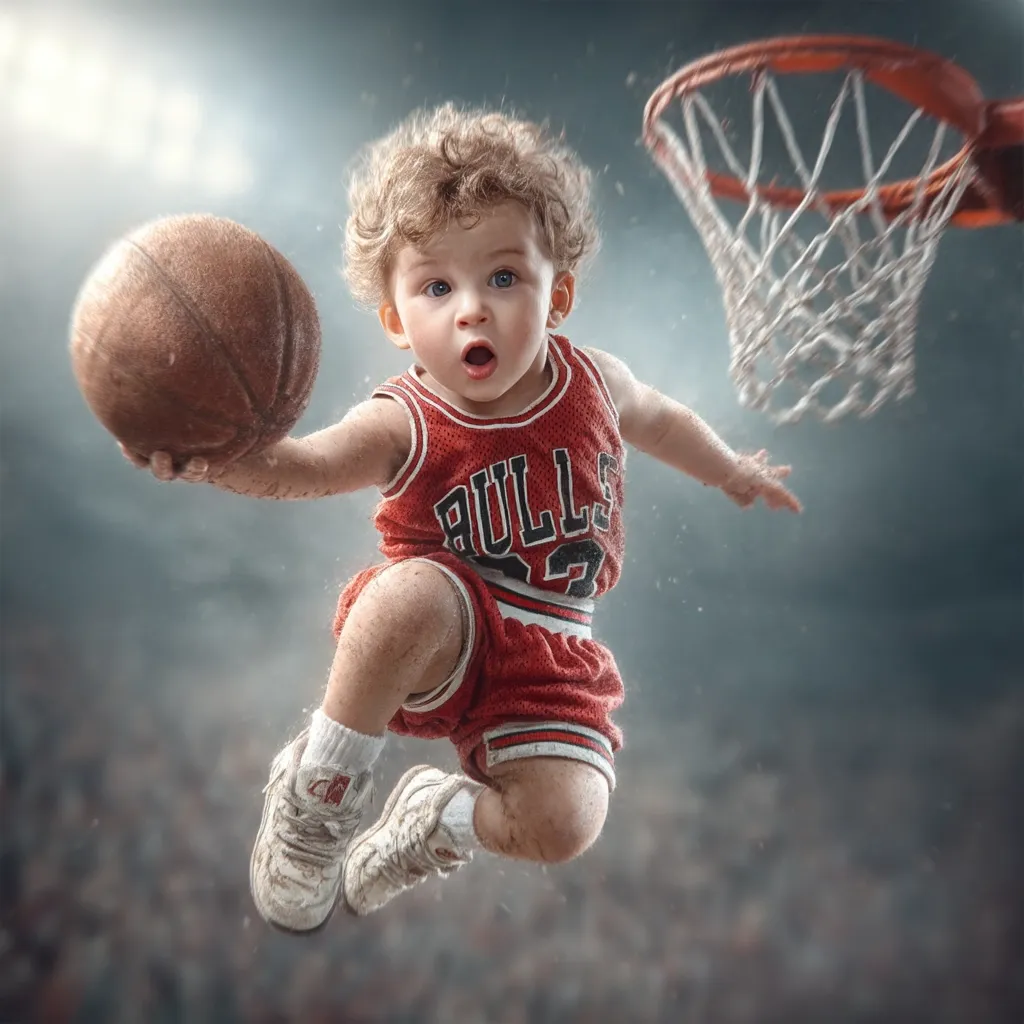 A cute toddler, adorned in a Bulls jersey, leaps towards a basketball hoop, clutching a worn basketball.  Dirt smudges his knees and the image is stylized with a dramatic, blurred background suggesting a stadium atmosphere. The expression on the child's face is one of determined effort, creating a humorous and captivating scene.