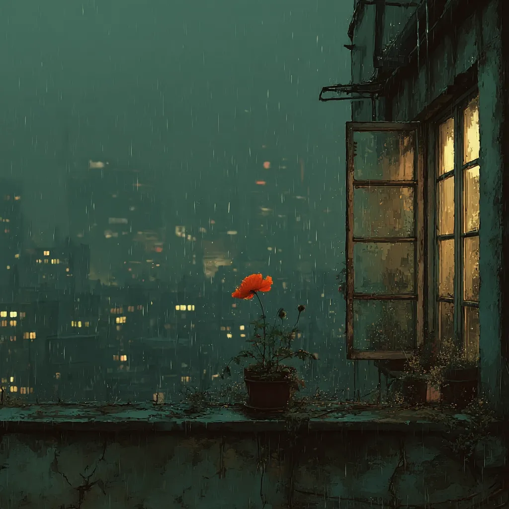 A single orange poppy in a terracotta pot sits on a rain-soaked rooftop overlooking a city at night.  Rain falls heavily, blurring the city lights into a soft glow. A window is open on a nearby building, its interior warmly lit, contrasting the somber, rainy atmosphere outside.  The scene evokes a feeling of quiet solitude and contemplation.