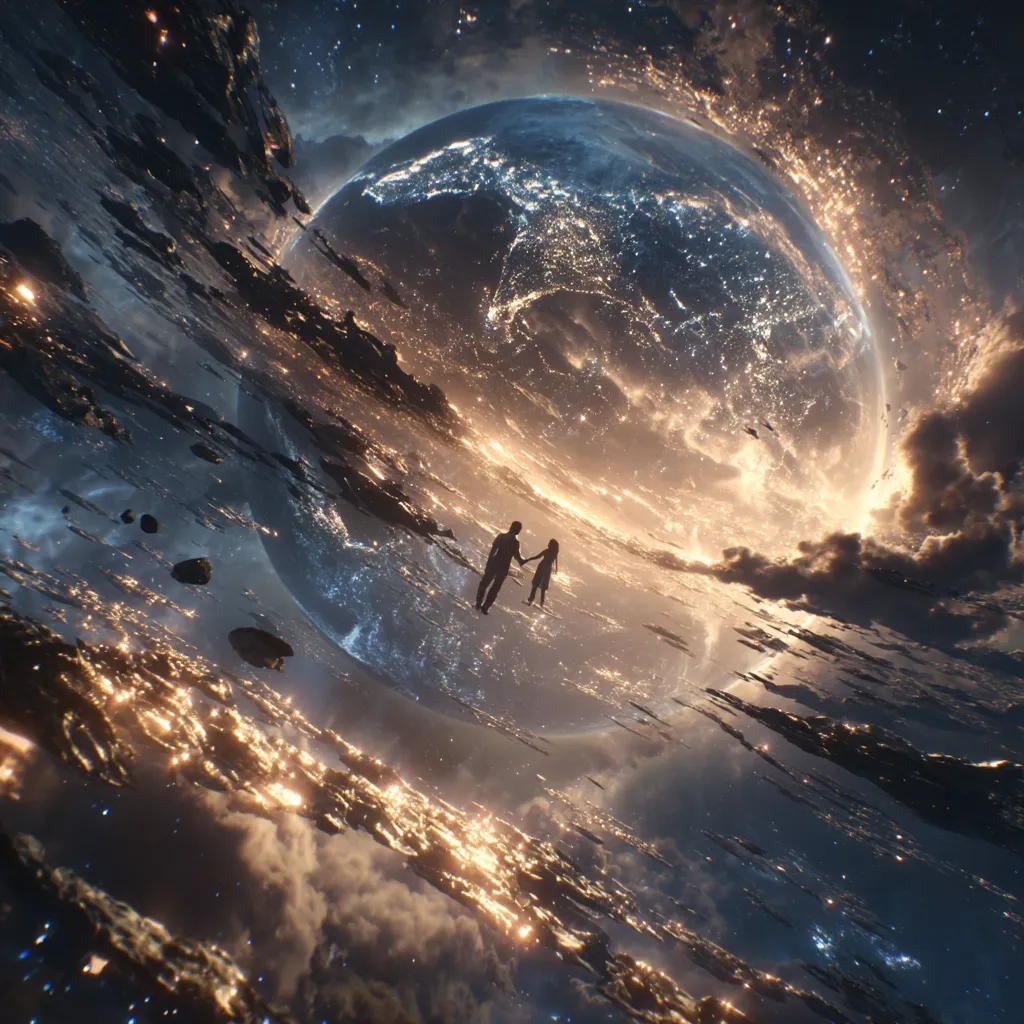 A surreal artwork depicts a couple holding hands, silhouetted against a luminous, upside-down Earth.  The planet, brimming with city lights, hangs in a vast, star-studded expanse above a mirrored reflection of clouds and celestial bodies. The scene is dreamlike and ethereal, evoking a sense of wonder and boundless love in a cosmic setting.