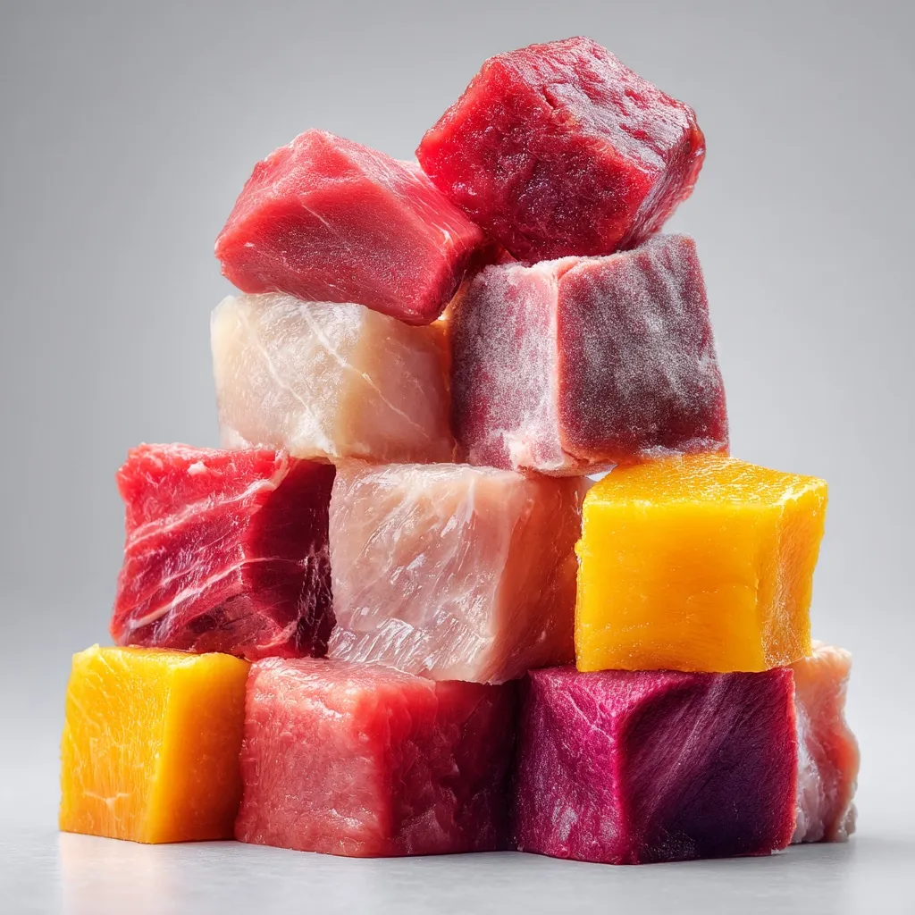 A stack of frozen meat cubes in various colors and types, including beef, tuna, and possibly pork or chicken.  The cubes are neatly arranged, resembling a pyramid.  Two bright yellow cubes, potentially mango or another fruit, are included amongst the meat. The overall presentation suggests a visually appealing and possibly pre-portioned selection of proteins.