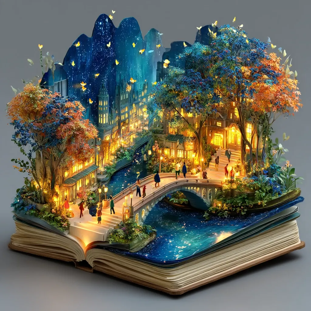 A whimsical diorama unfolds from the pages of an open book.  A miniature, illuminated cityscape with canals, bridges, and autumnal trees sits nestled within, populated by tiny figures.  Starry skies and glowing lanterns create a magical atmosphere.  The intricate detail and vibrant colors evoke a sense of fantasy and wonder.