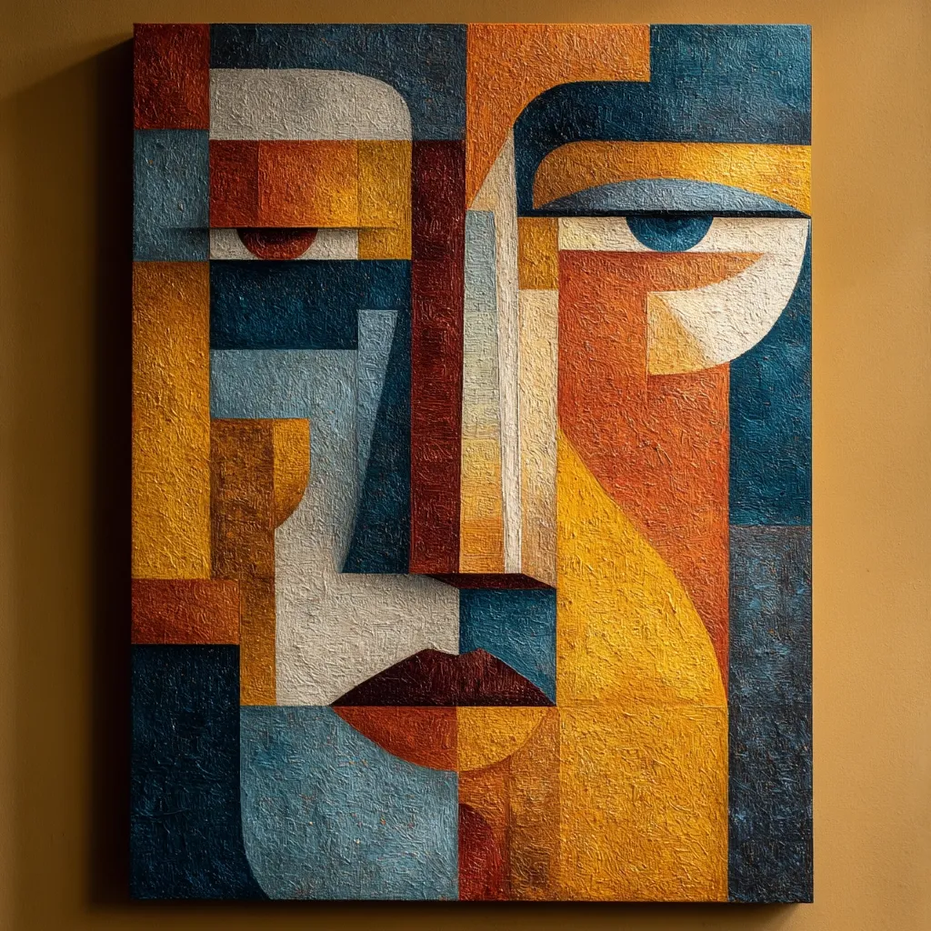 A cubist-style artwork depicts two intertwined faces, rendered in a palette of warm oranges, yellows, and cool blues and greens. The textured paint application emphasizes the geometric shapes forming eyes, noses, and mouths.  The composition is symmetrical yet fragmented, creating an intriguing interplay of light and shadow within the abstract forms.  The overall effect is a powerful and expressive portrayal of duality.