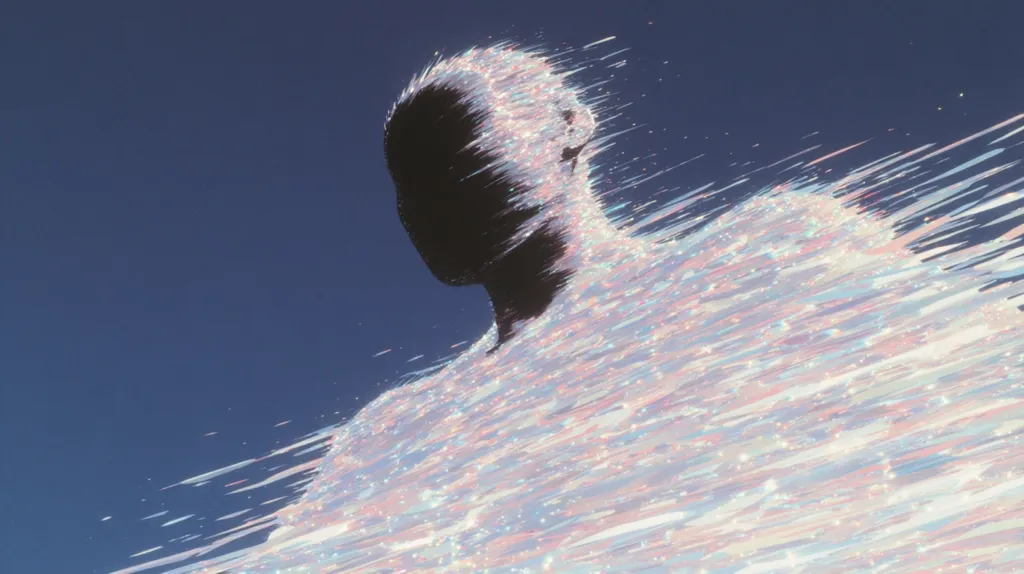 The image depicts a stylized human figure dissolving into a stream of iridescent particles against a deep blue sky.  The figure's form is dark and partially obscured, while the dissolving particles create a sense of movement and ethereal transformation. The overall effect is dreamlike and suggestive of transcendence or disintegration.  The colors are soft and pastel, enhancing the image's otherworldly quality.