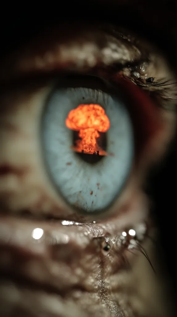 A close-up of an eye reveals a nuclear explosion reflected in the iris. The image is highly detailed, showing the texture of the skin and the moisture on the eyelid. The contrast between the vibrant colors of the explosion and the muted tones of the eye creates a striking visual impact, suggesting a profound and disturbing experience. The overall effect is unsettling and thought-provoking.
