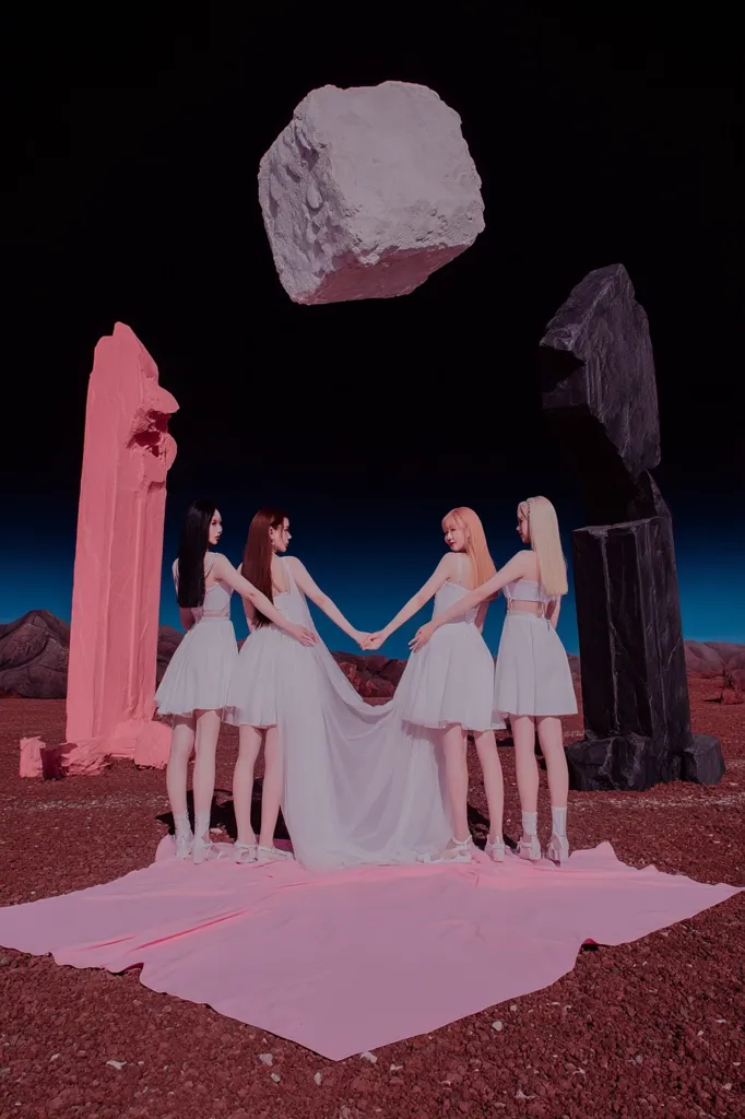 Four women in white dresses stand on a pink cloth in a desolate, Martian-like landscape.  Two large, abstract sculptures flank them, one pink and one black, with a hovering, light gray cube above. The women hold hands, their backs to the camera, creating a serene yet otherworldly scene.  The overall aesthetic is surreal and stylish.