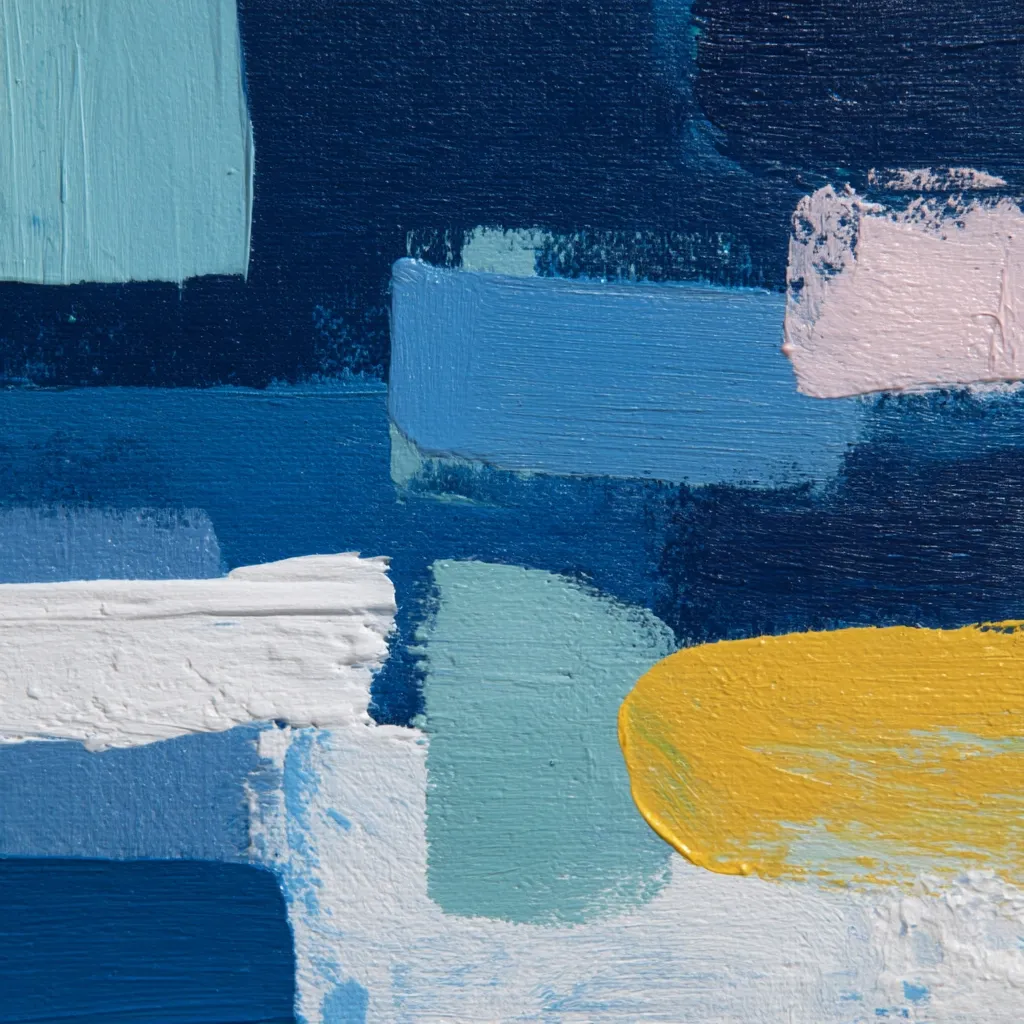 An abstract painting features a predominantly blue palette with variations in shades and hues.  Thick, visible brushstrokes create textured blocks of color, including teal, pale blue, white, and a pop of yellow.  The composition is dynamic and layered, with the colors seemingly overlapping and interacting.  The overall effect is one of movement and energy.