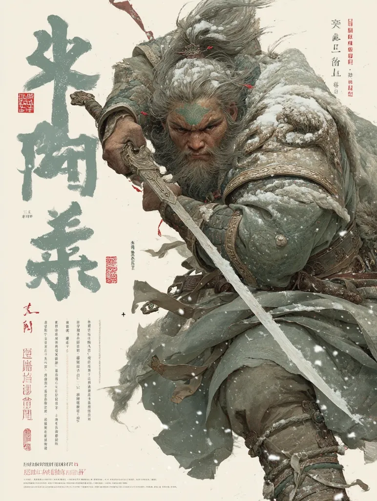 A powerful warrior, his face weathered and etched with experience, strides through a snowy landscape.  He wields a long, slender sword, its blade gleaming faintly.  His long, gray hair and beard are dusted with snow, highlighting the harshness of his environment. The artwork is stylized, with a focus on texture and movement, suggesting a moment of intense action.  Large Chinese characters are prominently displayed, likely the title or a thematic element.