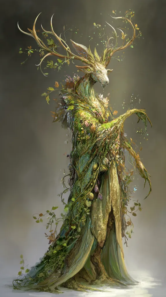 A fantastical creature, resembling a deer, is depicted.  Its antlers are adorned with vines and leaves, and its body is entirely covered in a flowing robe of wood, bark, and vibrant greenery.  Flowers and other flora sprout from its form, creating a stunning visual of nature's embrace. The creature appears serene and majestic, a powerful symbol of the forest's spirit.