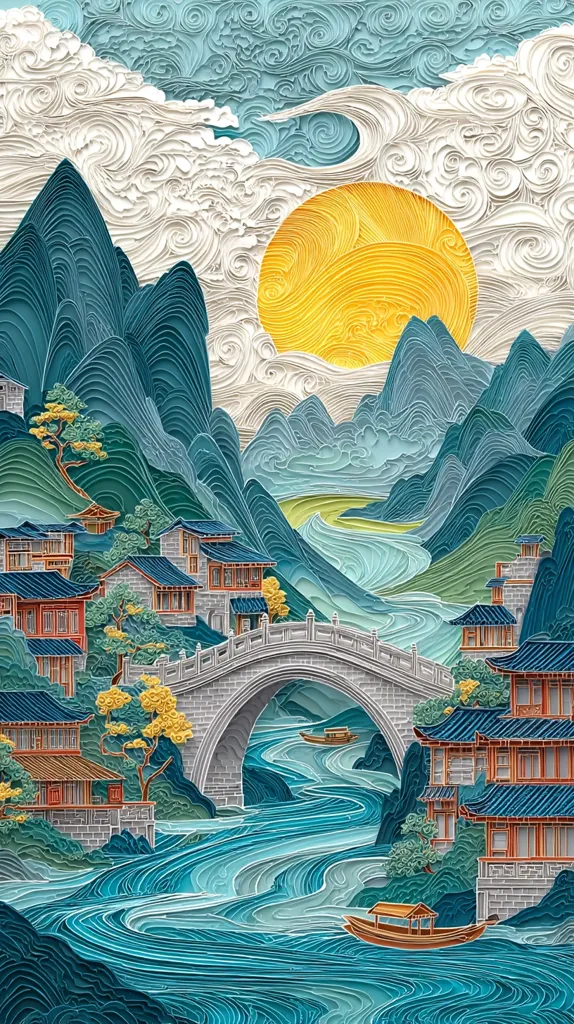 A vibrant paper-cut artwork depicts a serene landscape.  A winding river flows through a valley, under an arched bridge connecting quaint Asian-style buildings nestled amongst intricately layered, teal mountains.  A large, yellow sun shines overhead, surrounded by swirling clouds rendered in delicate, layered paper.  The meticulous detail and texture create a sense of depth and tranquility.