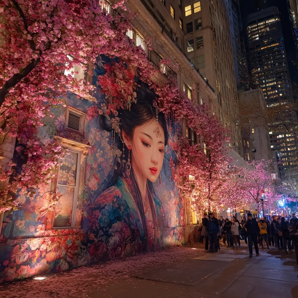 A large mural depicting a serene Asian woman, adorned with intricate floral details, is illuminated at night.  Pink cherry blossoms frame the artwork, cascading down the building's facade.  Pedestrians stroll along the sidewalk, creating a captivating urban scene where art and nature intertwine under the city lights.  The setting appears to be a city street, possibly in a major metropolitan area.