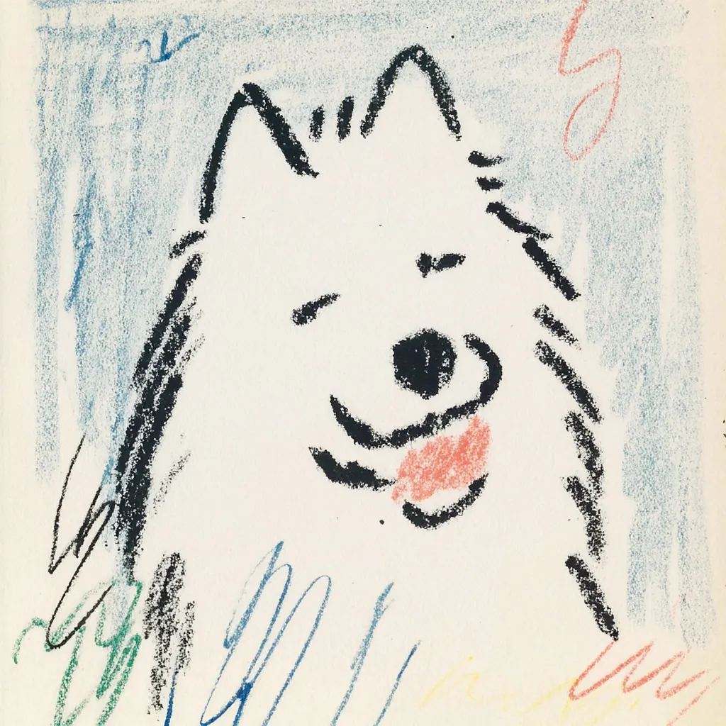 A childlike crayon drawing depicts a smiling white dog.  The dog's features are simple yet expressive, with black outlines and a touch of coral for its open mouth.  The background is a wash of light blue and pastel strokes of green, yellow, and red add a playful energy around the dog's portrait. The style is loose and carefree.