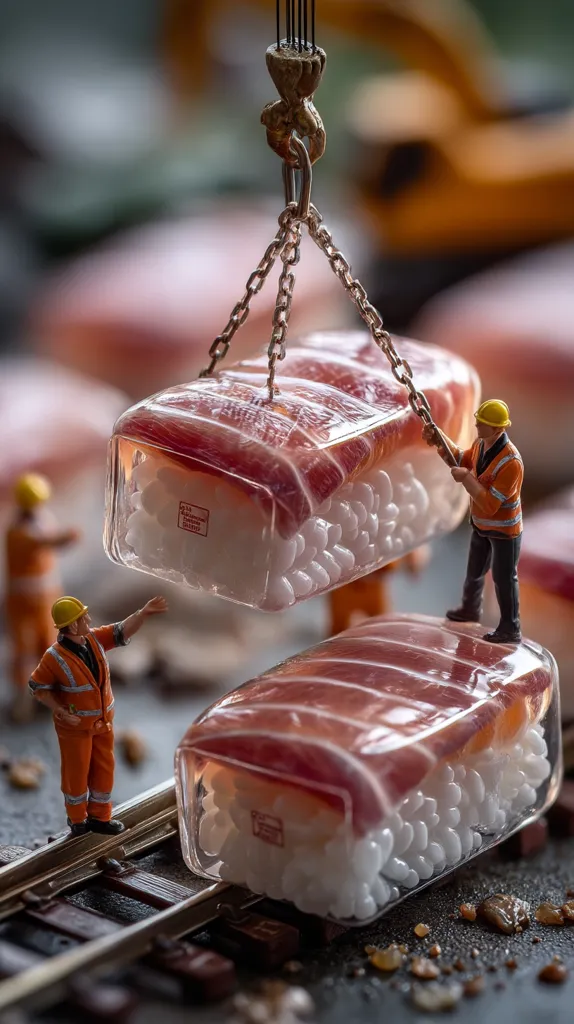 Miniature construction workers operate a crane to lift oversized pieces of sushi, encased in clear containers, across miniature train tracks.  One worker observes the operation.  The scene is highly detailed and playful, contrasting the industrial setting with the delicate food. The overall effect is whimsical and artistic.