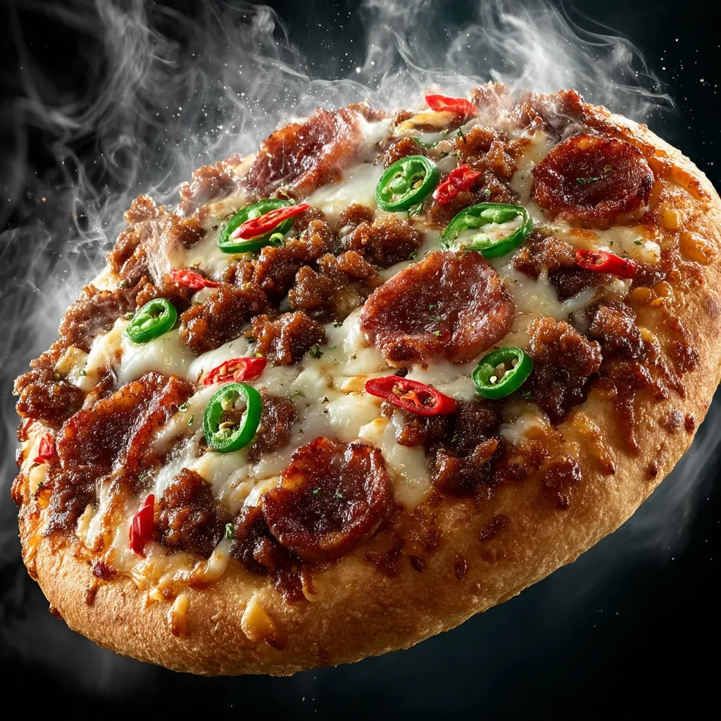 A steaming hot pizza is showcased, featuring a rich, meaty topping of what appears to be seasoned ground meat and sliced sausage.  The cheese is melted and bubbly, and vibrant green jalapeños add a pop of color and spice. The pizza's crust looks golden brown and slightly crisp.  The overall image emphasizes the pizza's deliciousness and aroma.