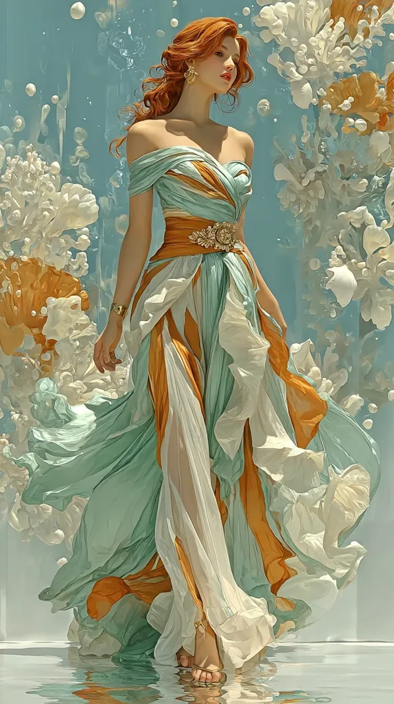 A redhead woman in a flowing, off-the-shoulder gown glides through a dreamy, aquatic scene.  The dress, in shades of mint green and burnt orange, billows around her.  She wears delicate gold jewelry and her bare feet skim the reflective surface of the water.  The background features soft, ethereal white and orange coral-like formations, creating a surreal and elegant atmosphere.