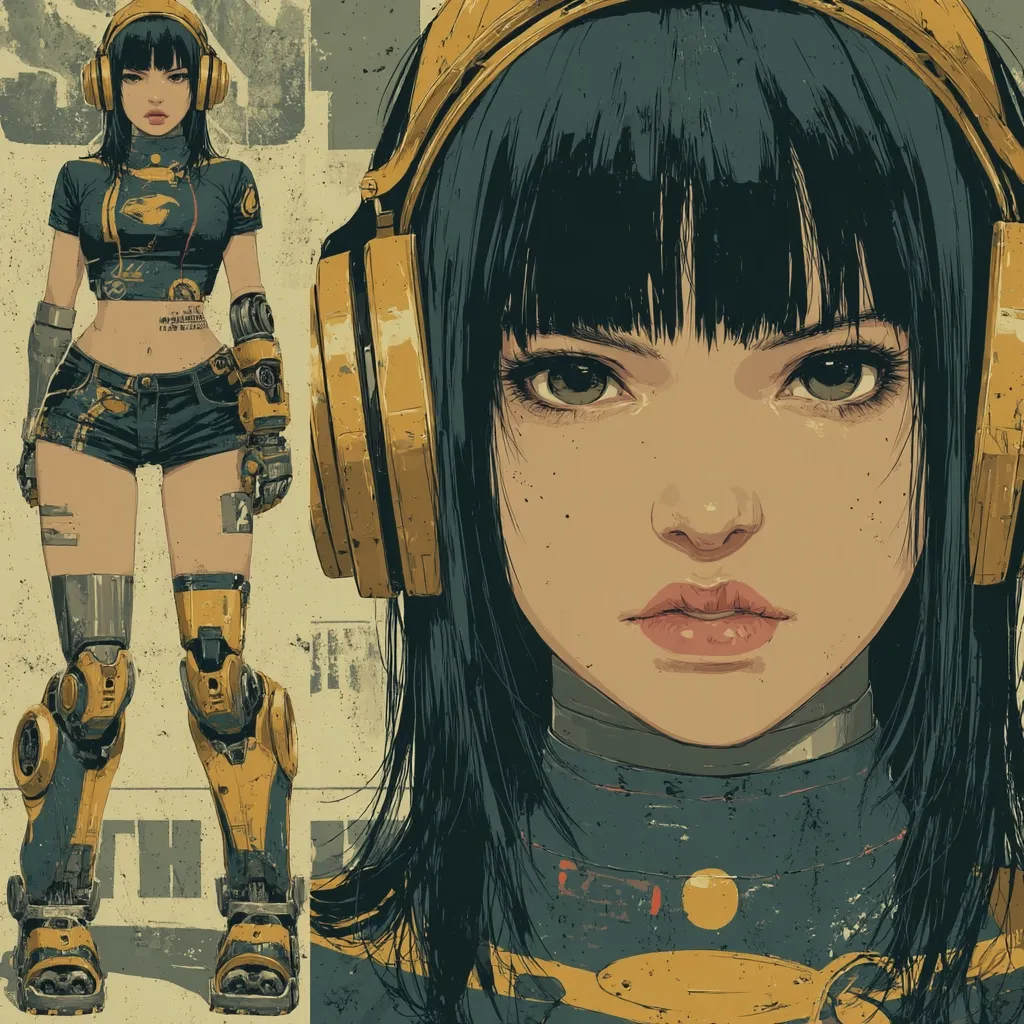 The artwork showcases a stylized female character, split into two views.  One shows a full body view of a young woman in a futuristic, slightly worn, yellow and dark blue outfit with mechanical leg enhancements. The other is a close-up of her face, emphasizing her serious expression and dark hair partially obscured by large, yellow headphones.  The overall aesthetic blends cyberpunk and anime styles with a vintage, distressed texture.