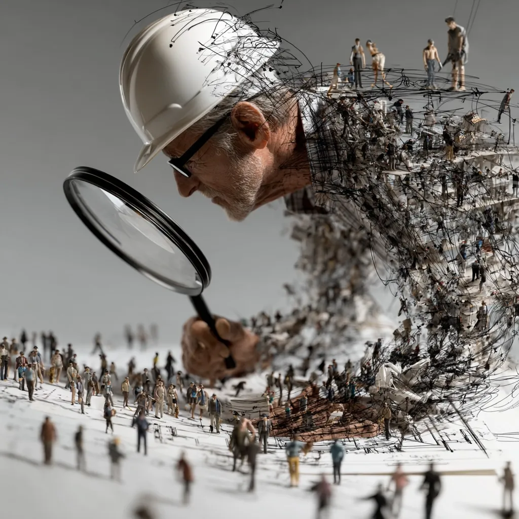 An older man, wearing a white hard hat and glasses, leans over a large architectural plan. He uses a magnifying glass to examine a miniature city meticulously depicted on the blueprint.  The man's form is partially obscured by a swirling mass of black lines and tiny human figures, suggesting a complex and overwhelming project. The image blends reality and abstraction, highlighting the scale and detail involved in large-scale construction projects.
