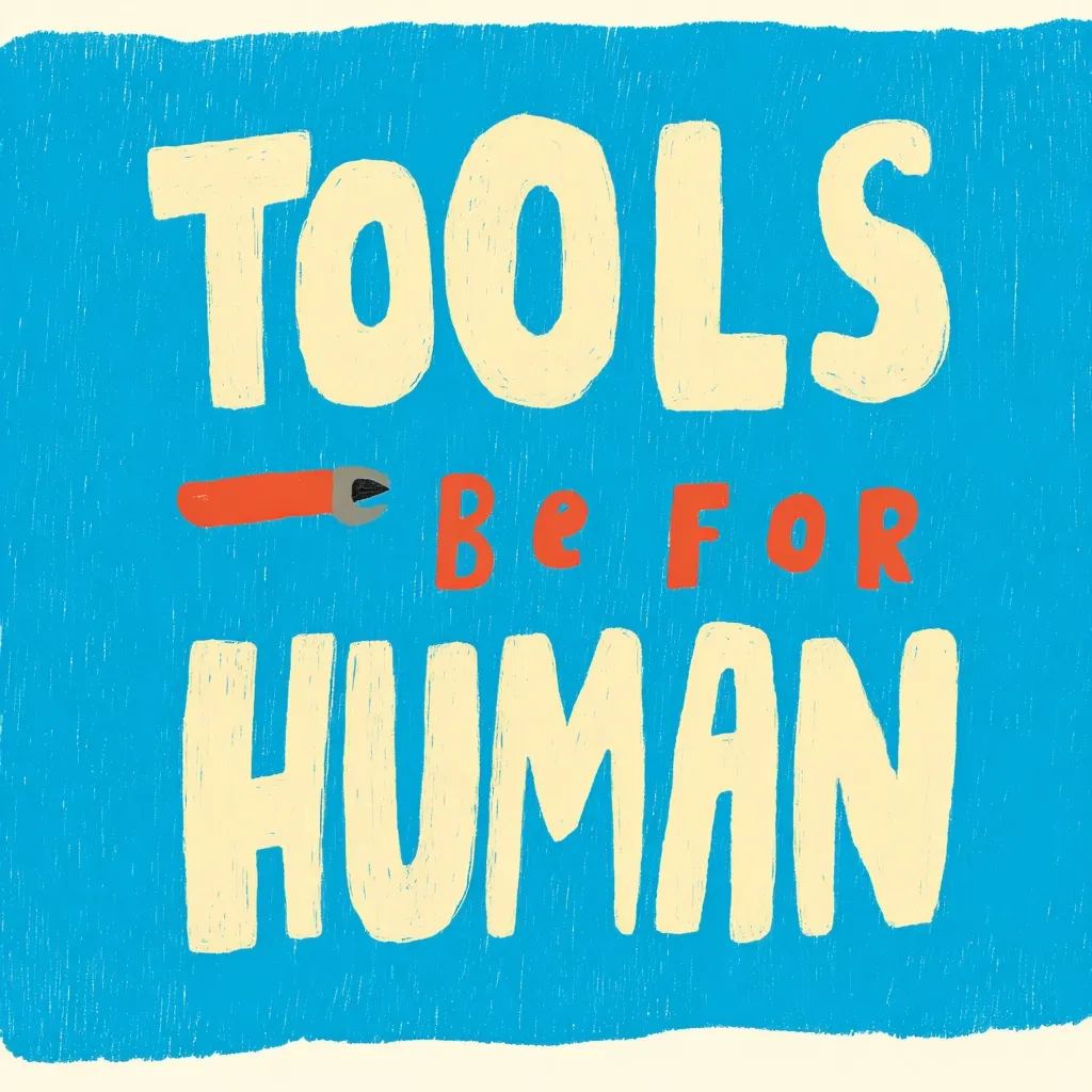 A vibrant blue square features the words "TOOLS" in large, off-white, hand-drawn lettering.  Below, a small, red wrench is positioned above the words "Be For" in smaller red letters.  The phrase "HUMAN" follows in the same off-white, large lettering as "TOOLS," creating a simple yet impactful design emphasizing the human-centered purpose of tools.