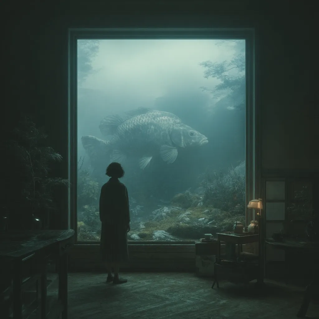 A lone figure stands before a large window, gazing at an immense fish submerged in a misty, underwater scene. The room is dimly lit, with a vintage aesthetic. The fish dominates the window, creating a surreal and dreamlike atmosphere.  The overall mood is melancholic and contemplative, suggesting a sense of wonder and isolation.