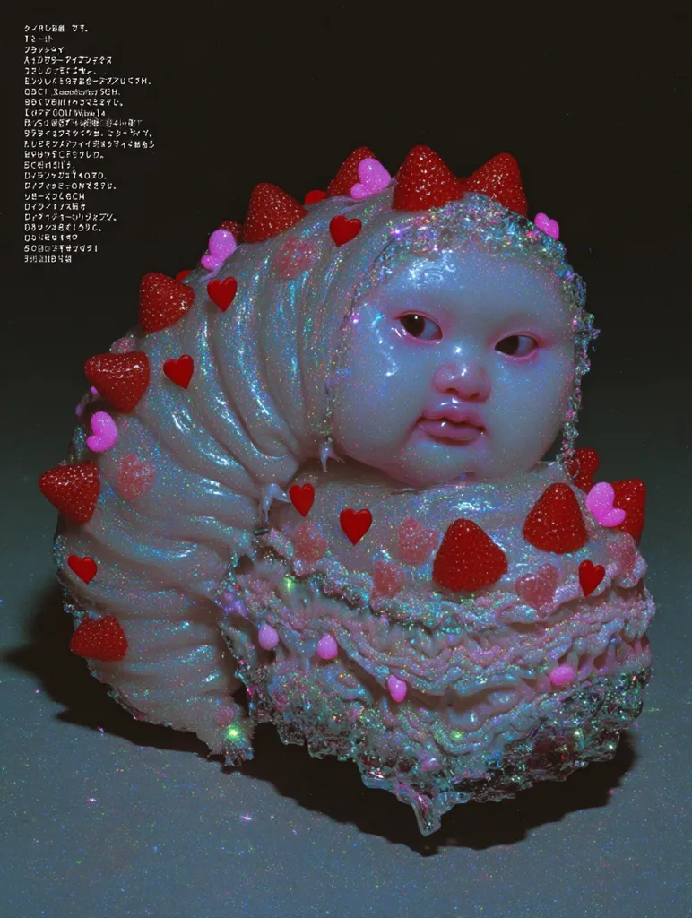 A whimsical sculpture depicts a baby's face embedded in a glistening, iridescent, caterpillar-like form.  The creature is adorned with miniature strawberries and pink hearts, creating a surreal and sweet aesthetic.  The overall effect is one of playful fantasy, combining elements of cuteness and slightly unsettling surrealism.  The background is dark, enhancing the sculpture's luminescence.