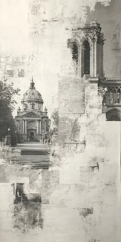 A monochrome abstract artwork featuring architectural elements.  A domed building, possibly a church, is centrally placed, contrasted against fragmented images of gothic architecture, possibly a cathedral. The style is reminiscent of collage, with textured overlays creating a sense of depth and decay. The grayscale palette enhances the mood of age and history.  The overall effect is both visually striking and evocative of time's passage.