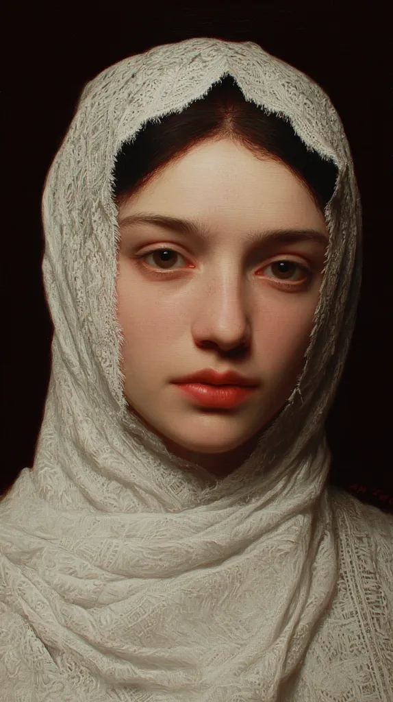 A close-up portrait of a young woman, her face partially obscured by a delicate, off-white lace shawl.  Her dark hair is visible beneath the fabric.  The soft lighting highlights her subtle features, including her expressive eyes and calm expression. The overall style evokes a classic, almost painterly aesthetic. The image's focus is on the woman's serene beauty and the texture of the shawl.