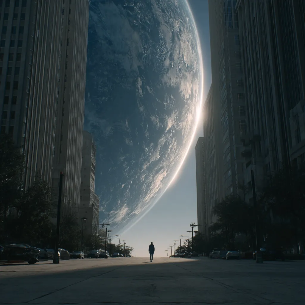 A lone figure walks down a city street dwarfed by an impossibly large, Earth-like planet dominating the sky.  Tall buildings line the street, creating a narrow perspective leading to the colossal celestial body. The scene is a surreal blend of urban architecture and fantastical scale, evoking a sense of awe and mystery. The overall mood is somber yet strangely beautiful.