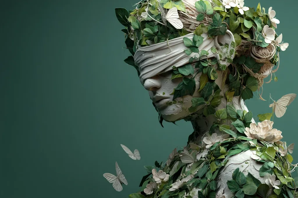 A digital artwork depicts a sculpted figure, seemingly female, its face and body covered in lush greenery, flowers, and vines.  The figure's eyes are obscured by a cloth blindfold.  Several white butterflies flutter around it, set against a muted teal backdrop.  The overall aesthetic is one of serene naturalism and subtle mystery.
