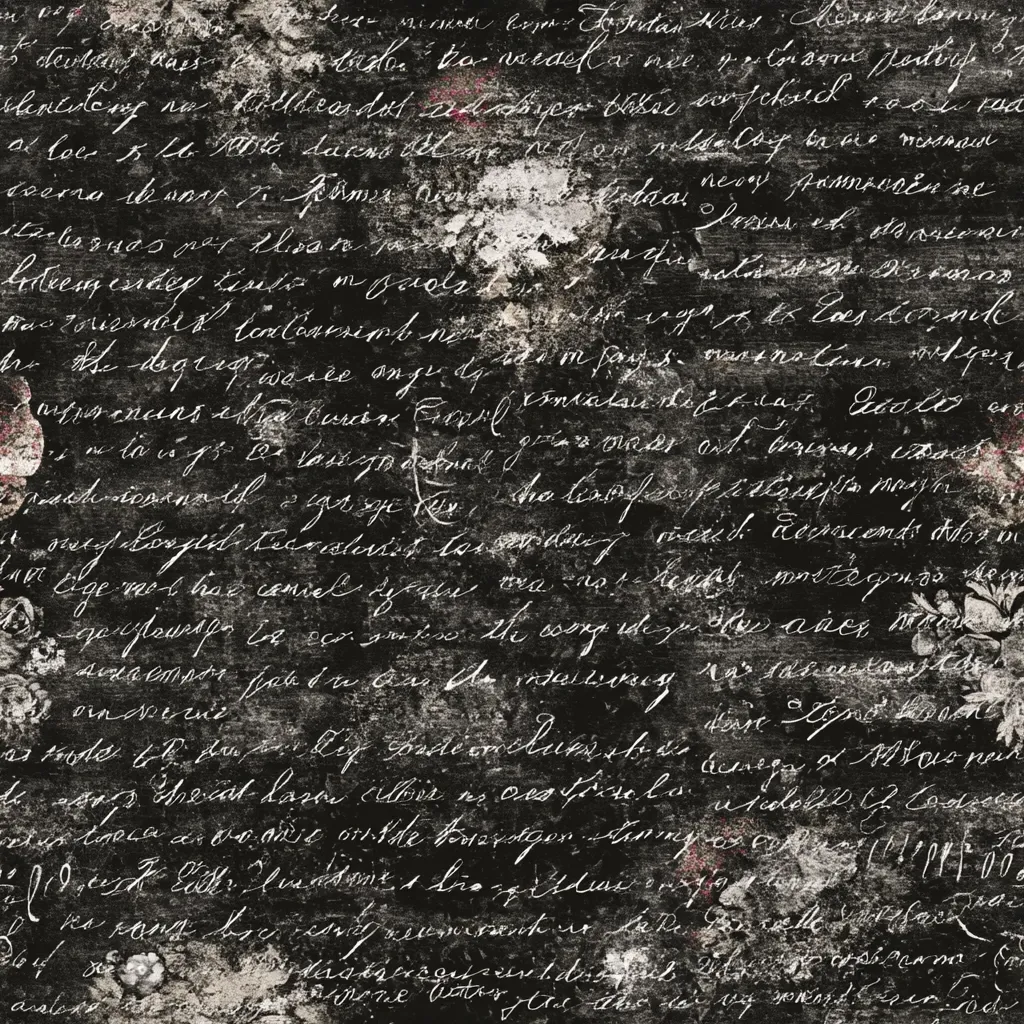 A dark, grunge-textured image features a distressed background overlaid with illegible cursive handwriting in white and light gray.  The script appears to be a dense collection of letters and words, mimicking an aged, possibly antique, document.  The texture suggests wear, smudging, and staining, creating an aged and weathered appearance.