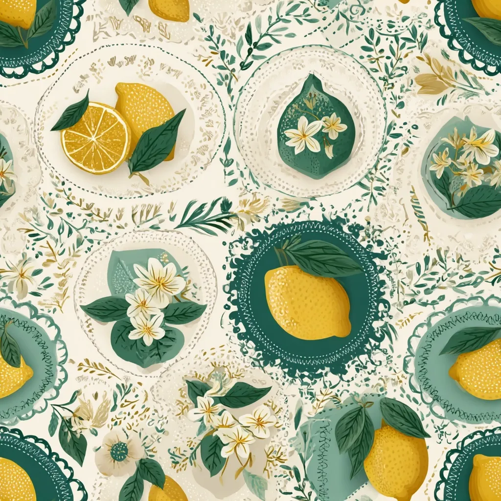 A seamless pattern featuring vibrant lemons and blossoming citrus flowers arranged on decorative plates.  The plates are adorned with intricate lace detailing and dark teal borders, set against a creamy off-white background.  Green foliage and sprigs intertwine throughout the design, creating a fresh, botanical feel reminiscent of vintage illustrations.  The overall aesthetic is cheerful and summery.