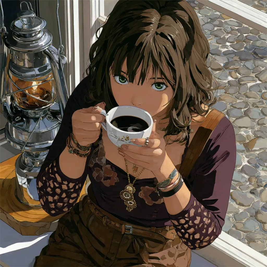 A young woman with shoulder-length brown hair sits by a window, enjoying a cup of coffee.  She wears a dark top with lace sleeves, brown pants, and several bracelets.  A vintage lantern sits beside her, casting a warm glow. The scene is bathed in sunlight, creating a peaceful and serene atmosphere. Her green eyes are captivating, and her expression is one of quiet contentment.