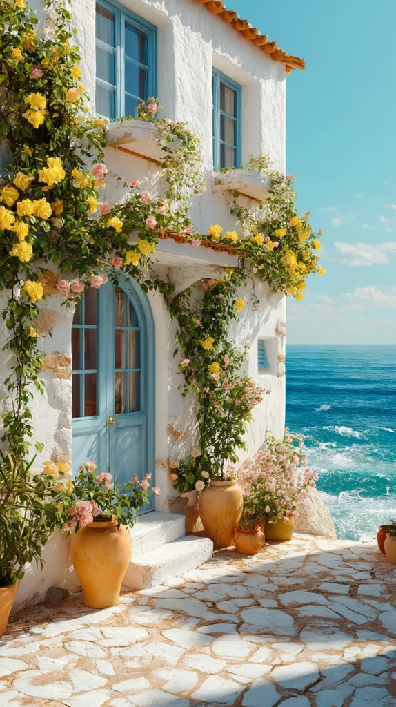 A charming whitewashed house, adorned with vibrant yellow and pink roses, sits on a cliff overlooking a sparkling blue ocean.  Terracotta pots overflowing with flowers flank a light blue front door.  The irregular stone pathway leads to the sea, creating a picturesque Mediterranean scene.  Sunlight bathes the idyllic setting, showcasing the beauty of the coastal home.