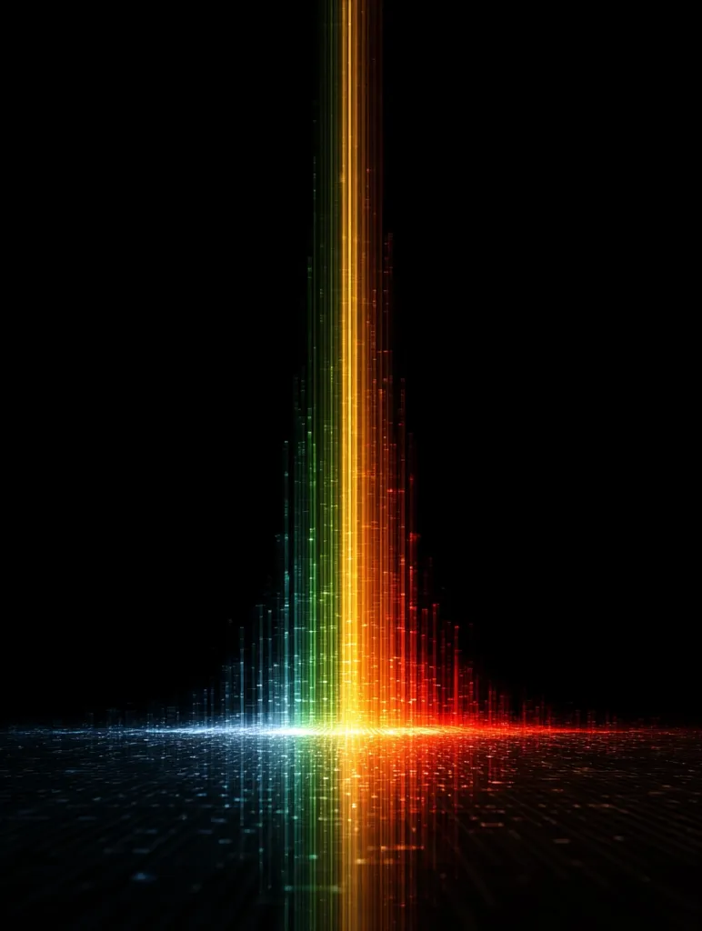 A vibrant, vertical streak of light, reminiscent of a rainbow, descends from the top of the image.  The colors, ranging from deep blues and greens to oranges and reds, gradually spread across a dark, reflective surface below. The overall effect is a dynamic and visually striking display of light and color against a predominantly black background, resembling a digital or abstract energy stream.