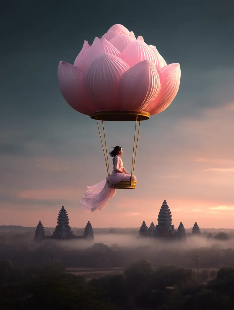A serene woman sits in a lotus-shaped hot air balloon, gracefully floating above a misty landscape.  The ancient temples of Angkor Wat are visible in the distance, shrouded in morning fog, creating a dreamlike and ethereal atmosphere.  The pink hues of the balloon and the sunrise complement the peaceful scene, evoking a sense of tranquility and wonder.